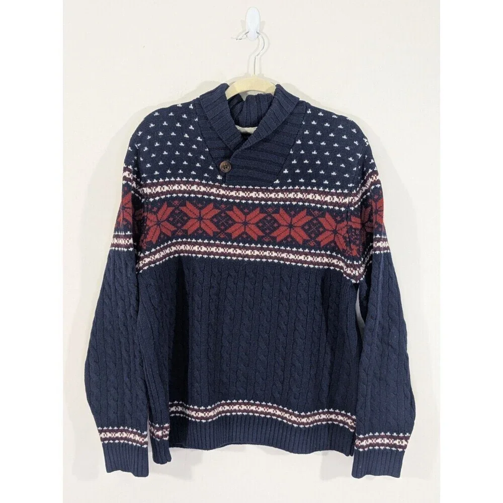 Lands End Men's Lambswool Cable Knit Fair Isle Sweater Navy Shawl Collar Sz XL